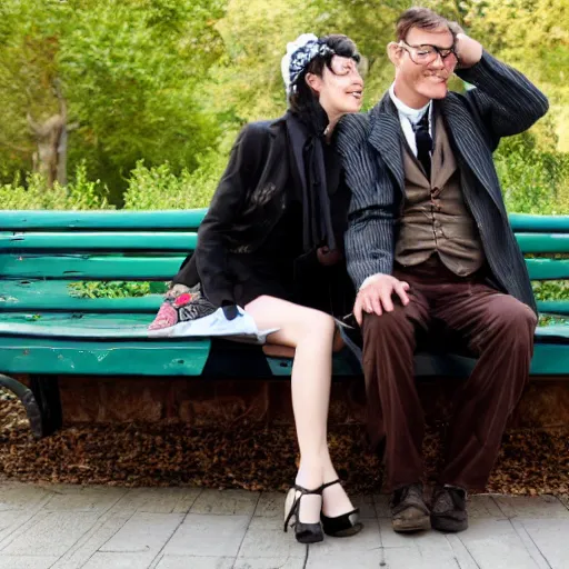 Prompt: a couple sitting on a park bench, steampunk