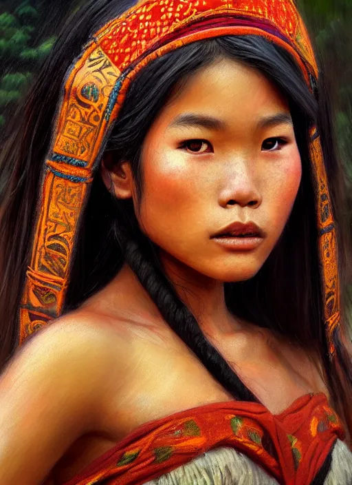 Image similar to portrait of a beautiful teen tai lue ethnic north thailand, closeup portrait, historical, ethnic group, traditional costume, elegant, loin cloth, highly detailed, oil painting, artstation, concept art, matte, sharp focus, illustration, hearthstone, art by earl norem