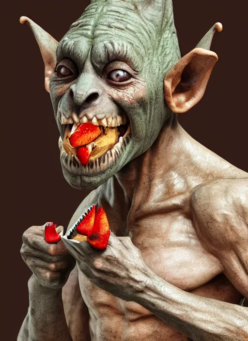 Image similar to closeup profile face portrait of a medieval goblin eating cakes in the cloisters, depth of field, zeiss lens, detailed, symmetrical, centered, fashion photoshoot, by by hyung tae, frank frazetta, bosch, giger, breathtaking, 8 k resolution, extremely detailed, beautiful, establishing shot, artistic, hyperrealistic, beautiful face, octane render