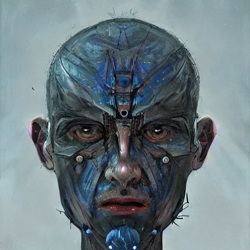 Image similar to surreal portrait of a man by Greg Rutkowski, symmetrical face, he is about 50 years old, short black hair with bangs, his features are a mix between French, Turkish and Russian, transformed into a kind of biomechanical transhuman god, blue glowing eyes, expression of epiphany and determination, cosmic void background, frightening, fascinating, highly detailed portrait, digital painting, book cover, artstation, concept art, smooth, sharp foccus ilustration, Artstation HQ