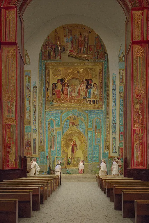 Image similar to scene from wes anderson orthodox cathedral building by helen lundeberg