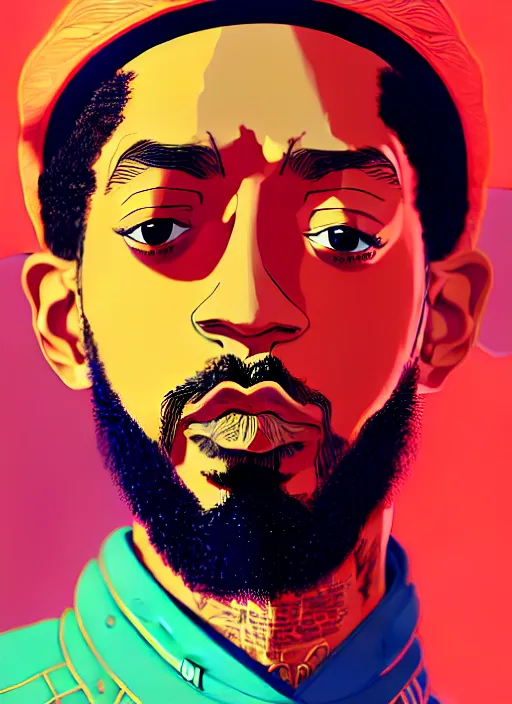 Prompt: portrait of nipsey hussle, epic, anime, artstation winner by victo ngai, kilian eng and by jake parker, by conrad roset, swirly vibrant color lines, winning award masterpiece, fantastically gaudy, aesthetic octane render, 8 k hd resolution