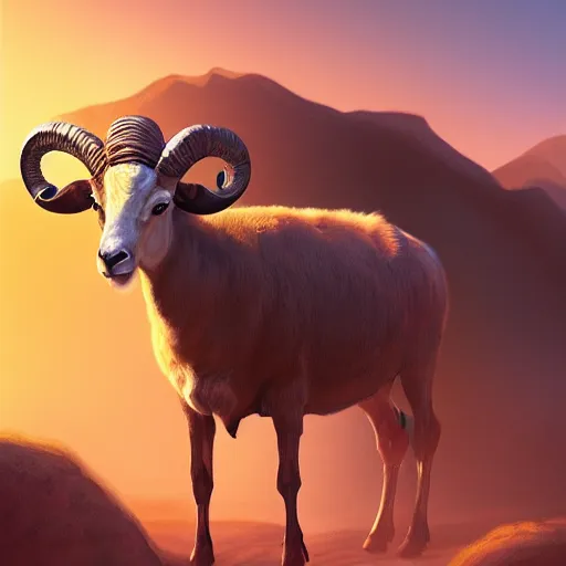 Image similar to ram stuck to a bush by it's horns, caught with its horn in a bush. Desert mountain background. Sunrise. digital painting, concept art, highly detailed, promotional art, HD, digital painting, trending on ArtStation, golden ratio, rule of thirds