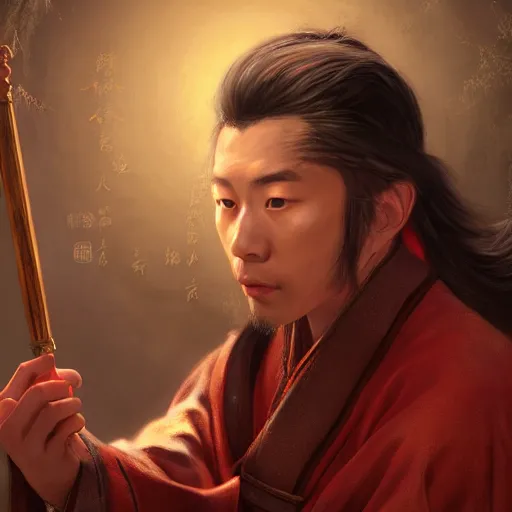 Image similar to portrait painting of a 3 0 year old handsome chinese taoist priest, like liangchao wei, amiable by wenjun lin, irakli nadar, bright colors, octopath traveler, wenjun lin, unreal engine 5 highly rendered, global illumination, radiant light, detailed and intricate environment