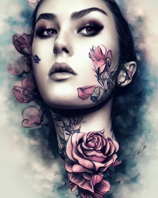 Image similar to auburn beauty portrait, ink smoke flower tattoo neck, celestial beauty water smoke floral portrait by wlop and artgerm, artstation, radiant light