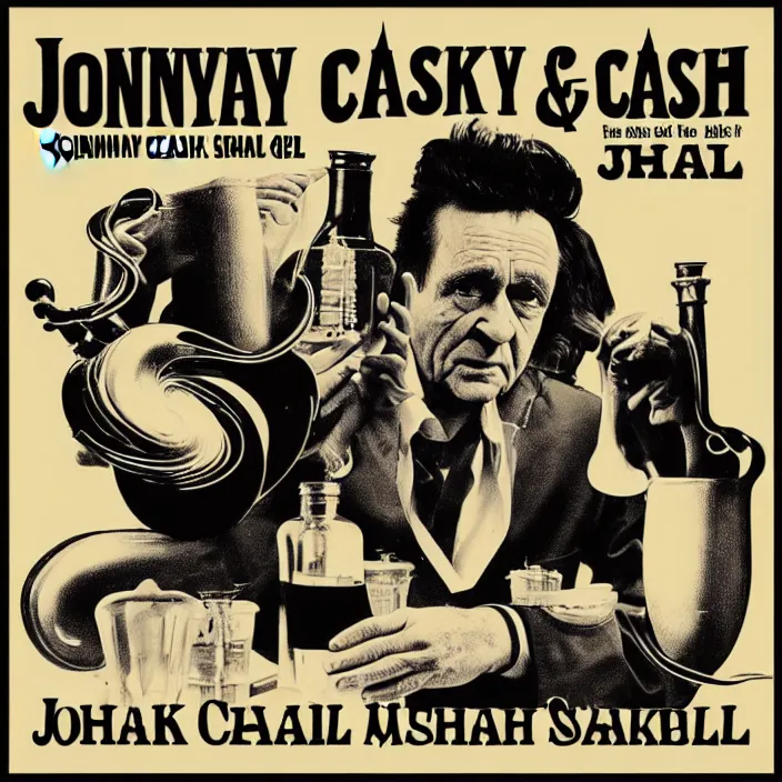 Prompt: album cover for the Johnny Cash and Snake Oil colab record. Snake oil, quackery, folk medicine, scamming, beautiful album cover with no text, album art by Greg Hildebrand, snake oil