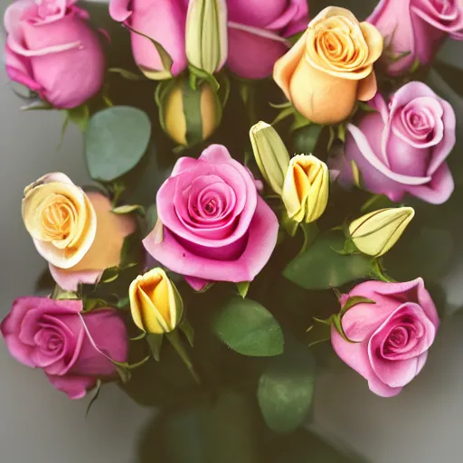 Image similar to studio photo of a bouquet of different shades of pink roses and lilies. window sun reflected in a light yellow background. amazing photography and lighting, bokeh,