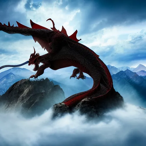 Image similar to A dragon sitting on a mountain, 4K photograph, natural lighting