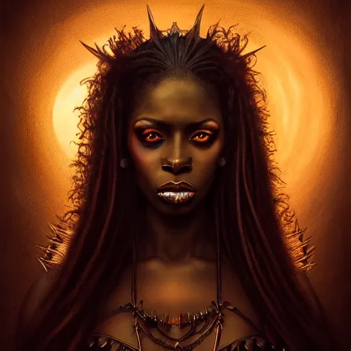 Image similar to Portrait of a riveting African vampire woman!, atmospheric lighting, gothic makeup, intricate, Transylvanian castle, volumetric lighting, beautiful, starlit sky, sharp focus, ultra-detailed, by Tom Bagshaw Leesha Hannigan, Ross Tran, Thierry Doizon, Kai Carpenter, Ignacio Fernández Ríos