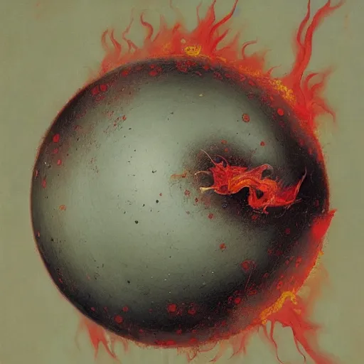 Image similar to a sphere being devoured by abstract splatters of paint in the style of francis bacon, venus being engulfed in flames in the style of james jean, surreal, beksinski, high detailed