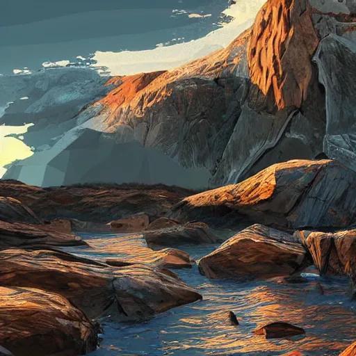 Image similar to super detailed color lowpoly art, northern sunset with rocks on front, monochrome photorealistic bay in the middle of perspective and mountains at background, big graphic seiner ship, unreal engine, high contrast color palette, 3 d render, lowpoly, colorful, digital art, perspective, full volume composition, robb cobb, syd mead