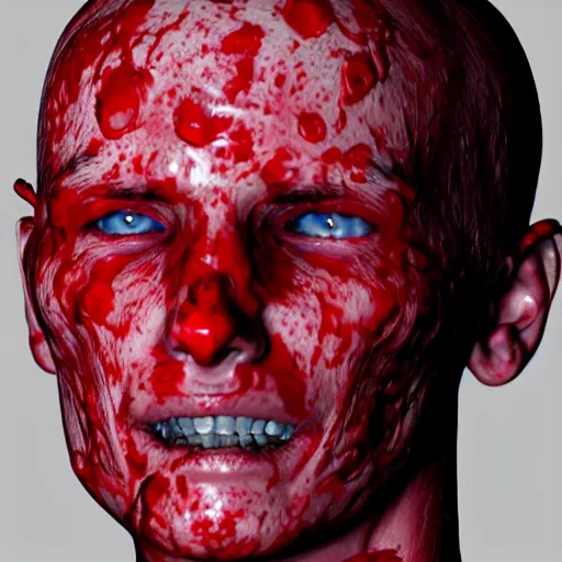Image similar to hyper realistic photo of a human head, blood oozing down the side