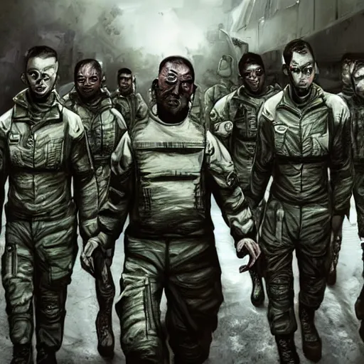 Prompt: military android leading a group of captured humans to a detention center, dystopian nightmares, grungy, photorealistic, highly detailed