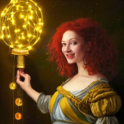 Image similar to a totally amazed smiling pretty woman surrounded by golden firefly lights in a mesmerizing scene, fully covering intricate detailed bohemian outfit, long loose red hair, precise linework, accurate green eyes, small nose with freckles, beautiful smooth oval head, expressive emotions, hyper realistic ultrafine portrait by artemisia gentileschi, jessica rossier, greg rutkowski, artgerm