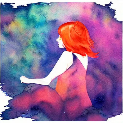 Prompt: “album cover very beautiful watercolor painting of redhead girl laying on a ground in a magic forest in a cyberpunk pixelsorting style”