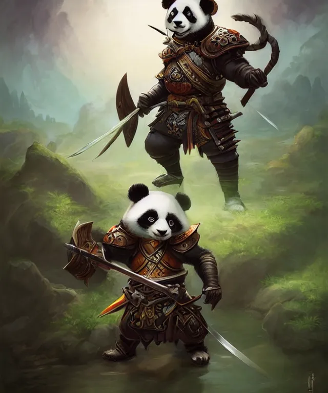 Prompt: a portrait an anthropomorphic panda samurai, wearing armor with spiked shoulders, small mouse companion, landscape in background, dnd character art portrait, world of warcraft style, by peter mohrbacher, cinematic lighting