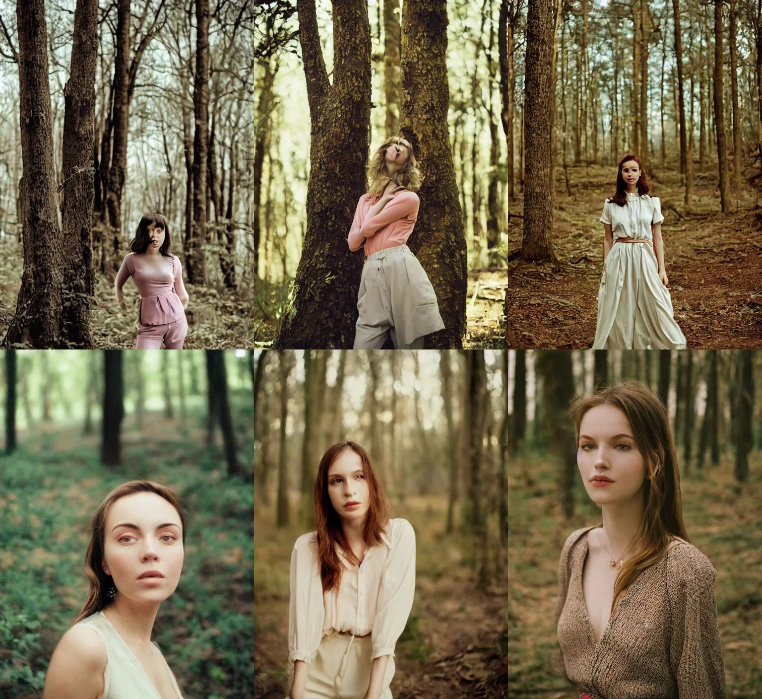 Prompt: Portrait of a beautiful woman, entirely in three quarters at the edge of a spring forest, photo, cinematic, realistic, 50 mm 1.4, film, kodak