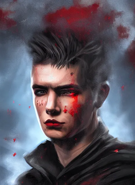 Image similar to An epic fantasy comic book style portrait painting of a young man with black cowlick haircut, wearing black overcoat, red clothes, blue jeans. Unreal 5, DAZ, hyperrealistic, octane render, cosplay, RPG portrait, dynamic lighting