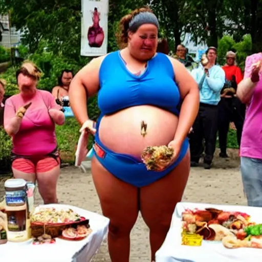 Prompt: Woman winning an eating contest, huge belly almost bursting from overeating.