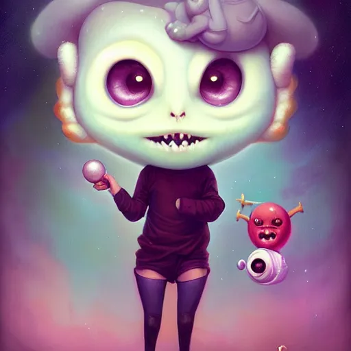 Prompt: funny cute little monster by tom bagshaw, artgerm, jeremiah ketner, beeple and charlie bowater, soft lighting, solid background,