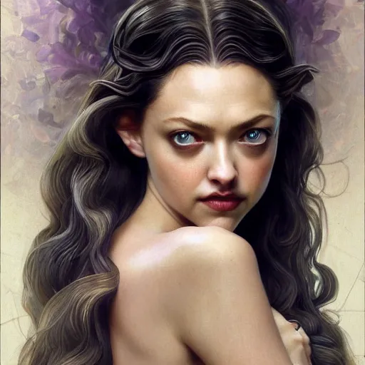 Image similar to Amanda Seyfried as Medusa, snakes for hair, olive skin, long dark hair, beautiful bone structure, intricate, elegant, highly detailed, digital painting, artstation, concept art, smooth, sharp focus, illustration, art by artgerm and greg rutkowski and alphonse mucha and Chris Achilleos