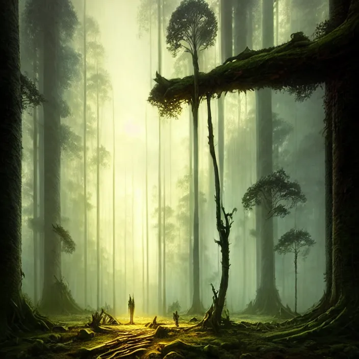 Image similar to the forest council, gods, environment, illustration, symmetrical, smoky, unreal engine, colors, epic scene, fantasy art by greg rutkowski, octane redner, golden raito, high quality, intricate details, highly details, intricate, atmosphere, highly detailed, matte painting, cinematic, deviantart, realistic, concept art, 4 k