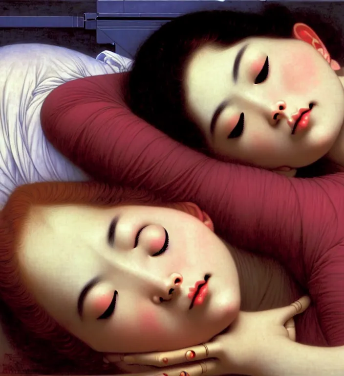 Image similar to ultra detailed artwork by Junji Ito of a professional 8k photo of a cyborg-robot-elph-girl sleeping in bed in the morning by William-Adolphe Bouguereau . still from a 2021 movie by Terrence Malick and Gaspar Noe