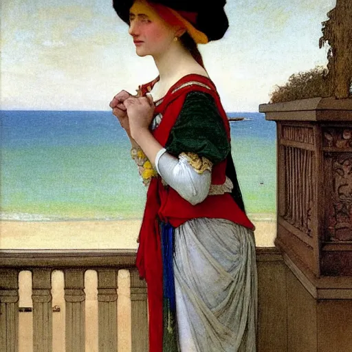 Prompt: A girl with jester hat and clothes on the front of a Balustrade with a beach on the background, major arcana clothes, by paul delaroche, alphonse mucha and arnold böcklin arnold böcklin hyperrealistic 8k, very detailed