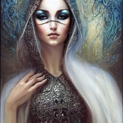 Image similar to a beautiful woman wearing a white niqab made of silver with jewelry and diamonds by karol bak, ayami kojima, arabian eyes, concept art, fantasy