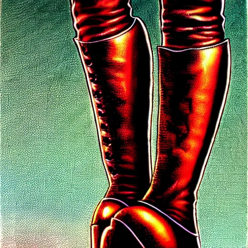 Image similar to close - up of a walking woman's leather boots, punk rock, 1 9 8 0's art, airbrush style, art by hajime sorayama,, intricate, elegant, sharp focus, illustration, highly detailed, h 6 4 0