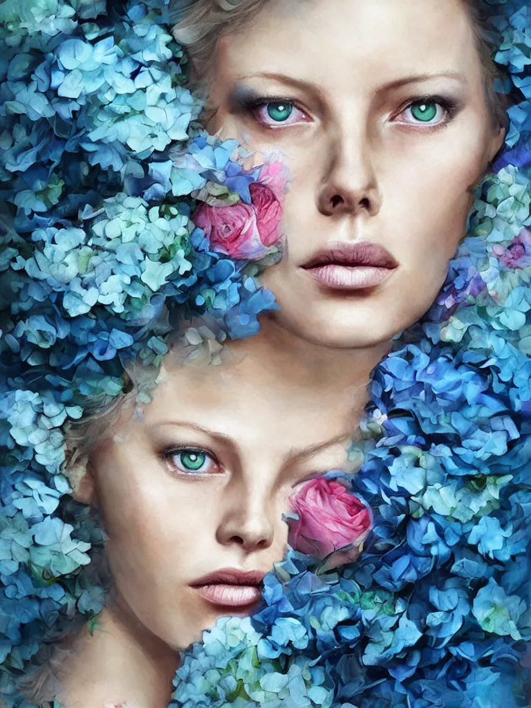 Prompt: hyper realistic digital painting a beautiful young sexy woman morphing into blue hydrangea and rose flowers who looks like a mix of charlize theron and milla jovovich full head portrait, blue hair, half submerged in water, painting by Anna Dittman and Ayami Kojima, wlop, perfect skin, one face, perfect face, gorgeous, symmetrical face, symmetrical body, artgerm, long flowing blue hair, realistic, photorealistic, editorial photograph, DnD portrait, Magic the Gathering, detailed, intricate, focused, muted colors, trending on artstation