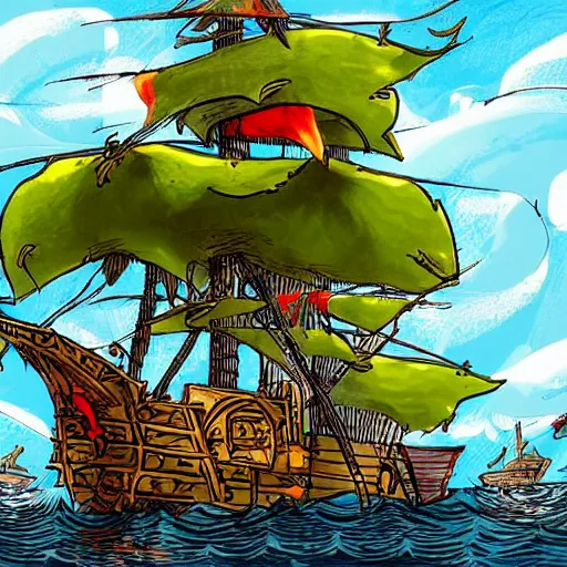 Prompt: pirate ship that has a large green fruit tree in the middle of it, surrounded by water, bold complementary colours, 2 d matte, comic book art,