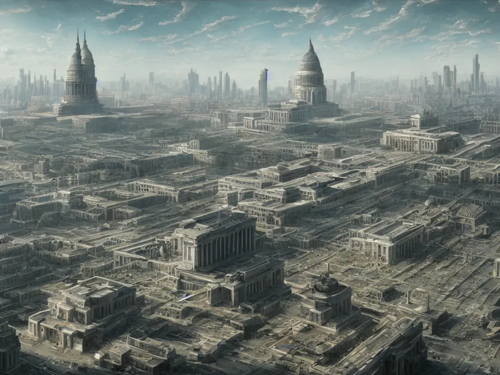 Image similar to matte painting by fan wennan. future capitol of the american communist party shining in the sun after the triumph of socialism in america, hyperdetailed, cinematic, photorealistic, hyperrealism, masterpiece, future communist governmental architecture, statue, imposing, strength, abundance. america 2 0 9 8