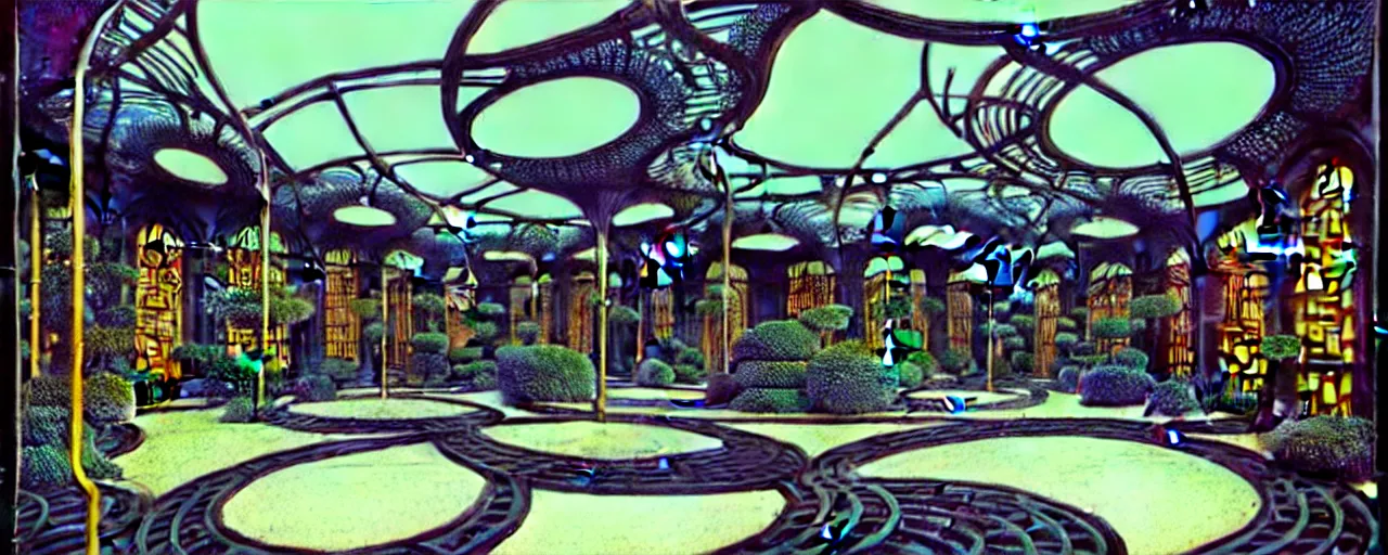 Image similar to a luxurious scifi futuristic victorian garden courtyard by killian eng, moebius, philippe druillet