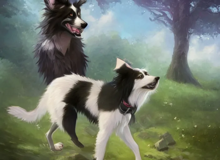 Prompt: wide angle beautiful full body portrait of a cute male anthropomorphic anthro border collie fursona in a park, character design by charlie bowater, henry asencio, and ross tran, disney, scenic background, detailed, glamor pose, aesthetic, trending on artstation, furaffinity, deviantart