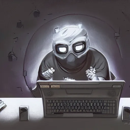 Image similar to an insanely detailed painting of a chubby nerdy asian man wearing a homemade superhero costume and mask, sitting at a computer desk typing on the keyboard, in the style of peter mohrbacher, dramatic lighting and composition, trending on artstation, concept art, comic book, graphic novel, back view