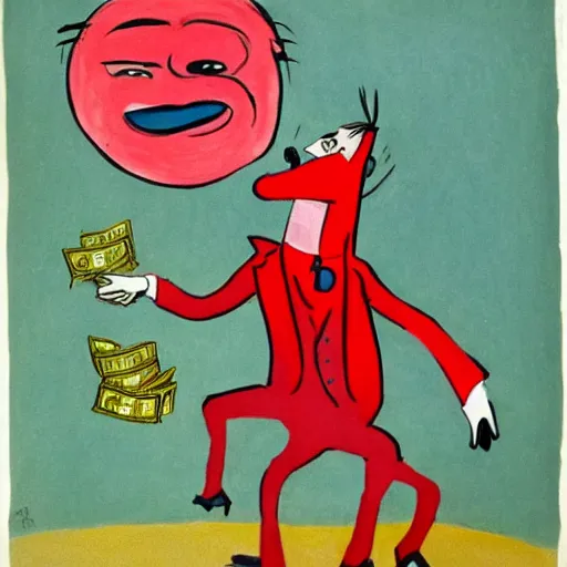 Prompt: A colorful expressionist drawing of a crazy banker with a red nose throwing money in the air in the Victorian Age