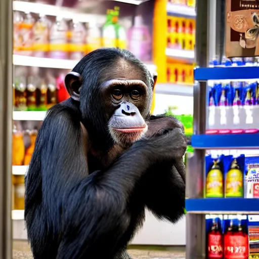 Prompt: a chimpanzee drinking beer in a corner shop