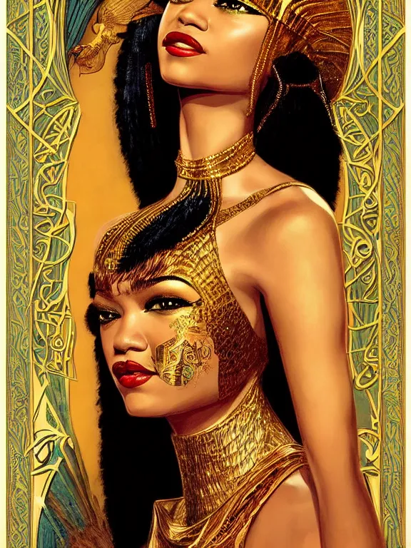 Image similar to Zendaya as Bast the Egyptian goddess, a beautiful art nouveau portrait by Gil elvgren, moonlit Nile river environment, centered composition, defined features, golden ratio, intricate gold jewlery featured in vogue, skincare, makeup