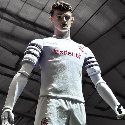 Prompt: a realistic detailed photo of a guy who is an attractive humanoid who is half robot and half humanoid, who is a male android, soccer player declan rice, shiny skin, posing like a statue, blank stare, by the pool, on display