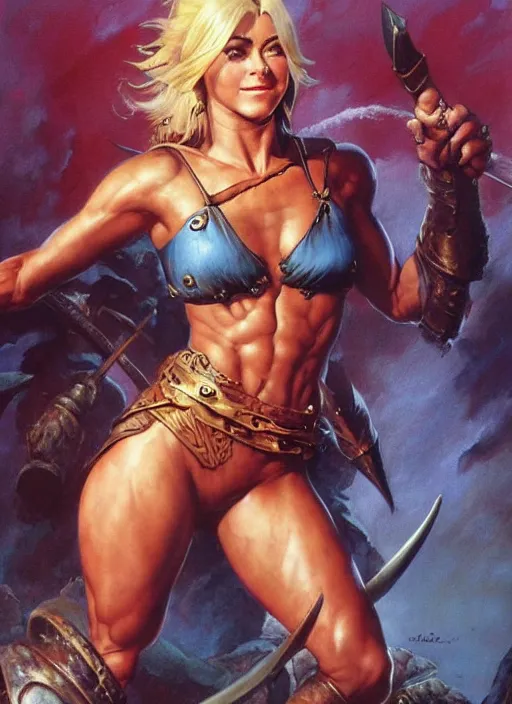 Prompt: a stunning medium shot portrait of julianne hough as a barbarian warrior, digital art by frank frazetta and boris vallejo and julie bell and moebius, highly detailed, trending on artstation, hq