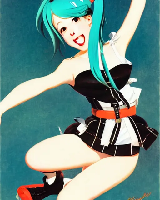 Image similar to hatsune Miku dancing by Gil Elvgren and Enoch Bolle