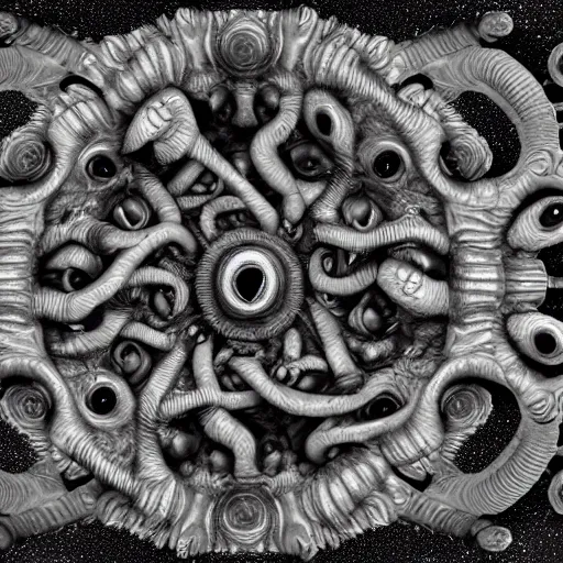 Prompt: photorealistic grey scale depiction of a being with 4 2 eyes 8 arms and 8 legs floating gloriously in the void of time