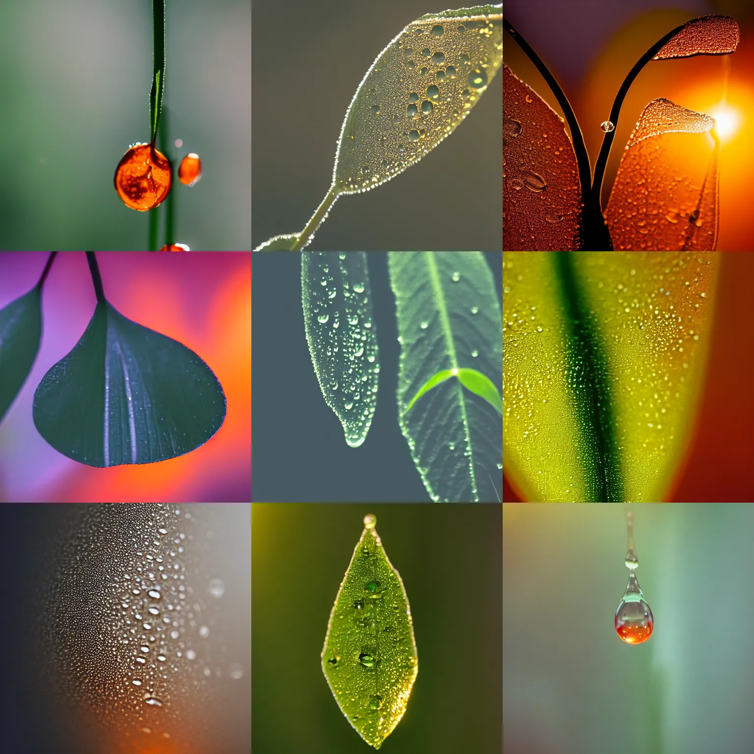 Prompt: macro shot photography of back-lit refractive dew drops hanging from a dark silhouette of a thin plant with a blurred depth of field, warm orange blurred background light