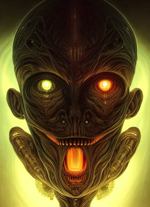 Image similar to symmetry!! portrait of grotesque alien, sci - fi, glowing lights!!, horror, intricate, elegant, dark design, highly detailed, dark lighting, digital art, digital painting, artstation, smooth, sharp focus, illustration, art by artgerm and h r giger and greg rutkowski and alphonse mucha, 8 k