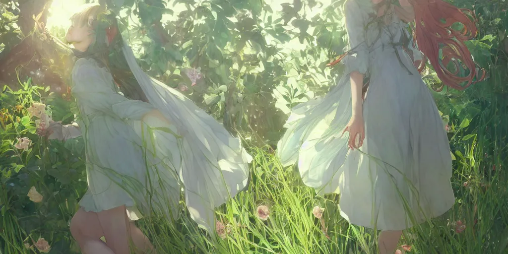 Image similar to a digital art of a loli with long hair in a dress in the privet garden at after noon, green and warm theme, back lighting, by krenz cushart and mucha and akihito yoshida and greg rutkowski and makoto shinkai, extremely long shot, detailed eyes, 4 k resolution, trending on art station