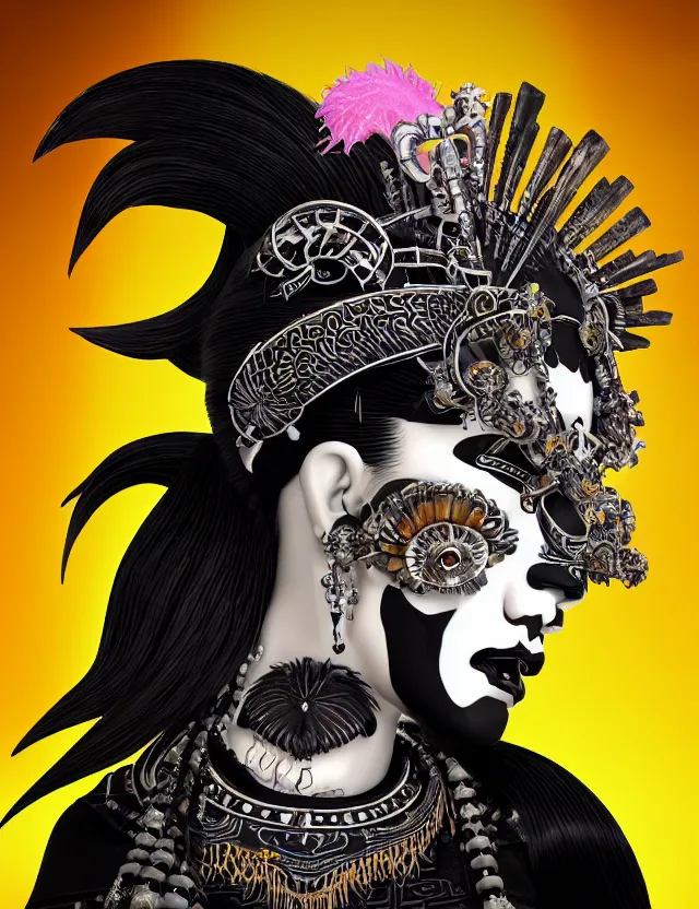 Image similar to 3 d goddess close - up profile portrait punk with mohawk in victorian style with ram skull. beautiful intricately detailed japanese crow kitsune mask and clasical japanese kimono. betta fish, jellyfish phoenix, bio luminescent, plasma, ice, water, wind, creature, artwork by tooth wu and wlop and beeple and greg rutkowski