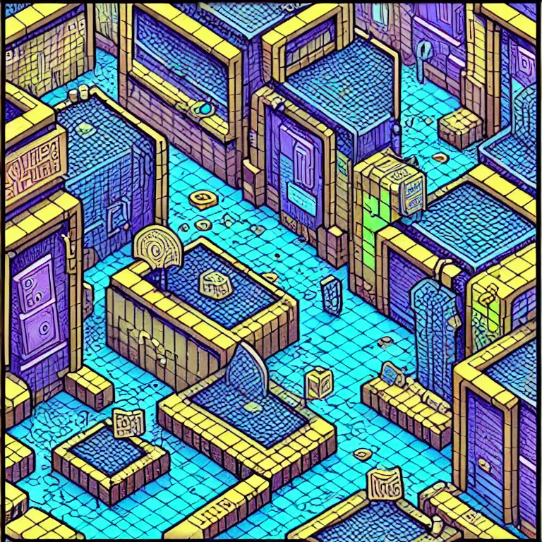 Image similar to an absurdly-detailed isometric cyberpunk alleyway colored-pen drawing as a fancy square tile. Sea-life in a submerged-city.