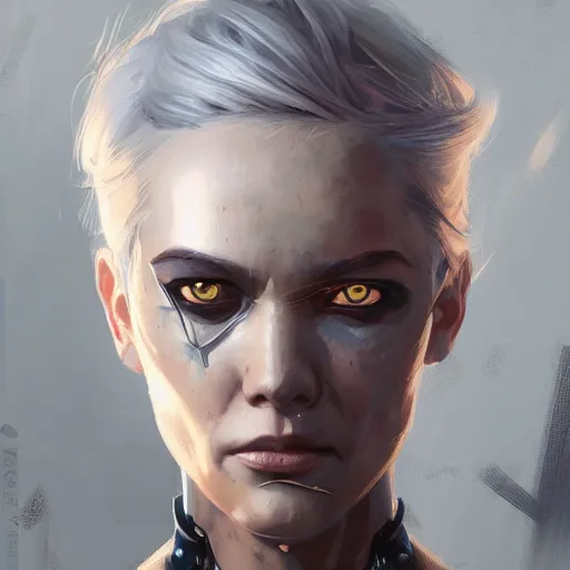 Prompt: portrait of a female cyborg by greg rutkowski, she is about 3 0 years old, white bob hair, she is wearing a black tank top, highly detailed portrait, digital painting, artstation, concept art, smooth, sharp foccus ilustration, artstation hq