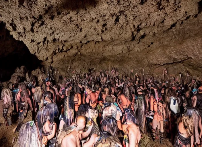 Prompt: neolithic people at a psytrance festival in a cave